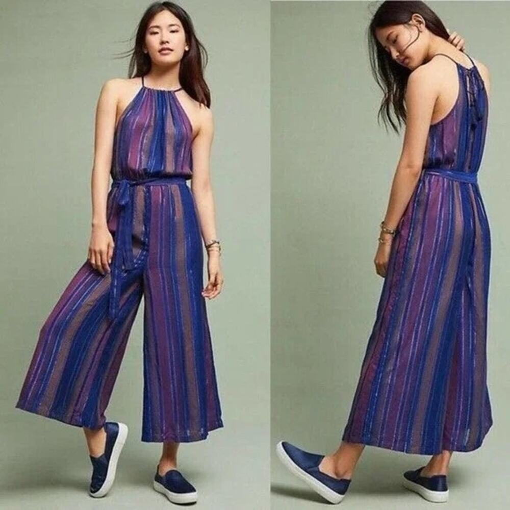 Cleobella Blue Gold Metallic Striped‎ Lois Wide Leg Cropped Jumpsuit Size 8